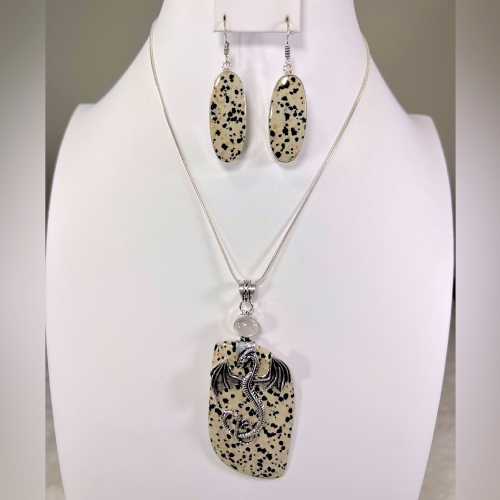 Dalmatian 🐾 Jasper 925 Large Gemstone Pendant & Earrings